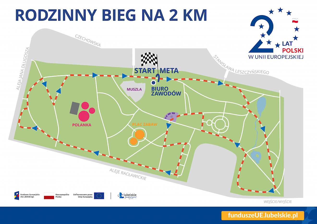 Grafika przedstawiająca plan Ogrodu Saskiego z wyznaczoną trasą biegu rodzinnego zaplanowanego na 11 maja 2024 r.