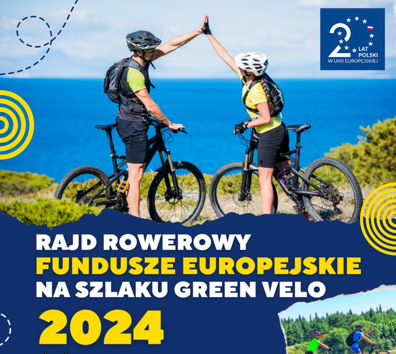 Grafika przedstawiająca parę rowerzystów przybijających piątkę na tle morza. Podpis Rajd Rowerowy Fundusze Europejskie na szlaku Green Velo 2024