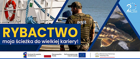Okładka publikacji „Rybactwo – moja ścieżka do wielkiej kariery”. Na okładce widać łódź, rybę oraz funkcjonariusza PSR