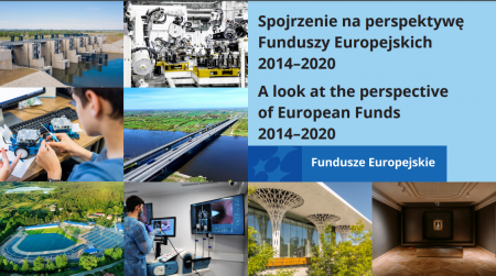 Grafika przedstawiająca publikację pn.: Spojrzenie na perspektywę Funduszy Europejskich w latach 2014-2020. Na zdjęcie projekty zrealizowane dzięki funduszom europejskim w latach 2014-2020