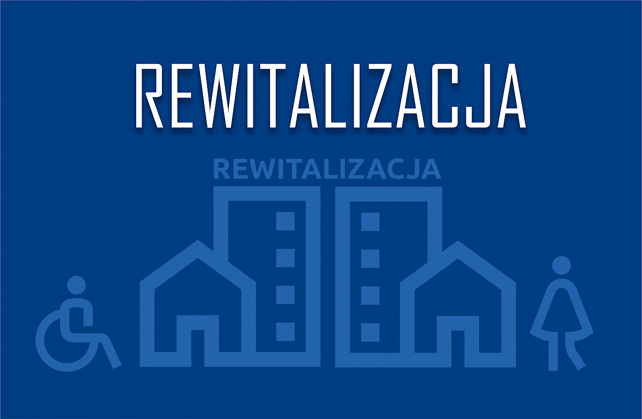 Ikona przedstawiająca rewitalizację. Granatowe tło, na tle niebieskie kontury budynków i osób