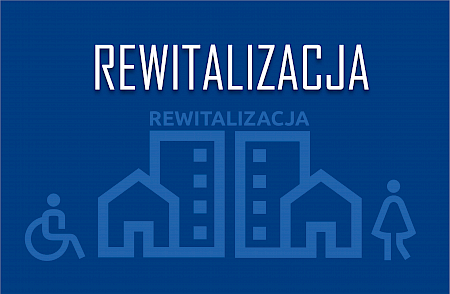 Ikona przedstawiająca rewitalizację. Granatowe tło, na tle niebieskie kontury budynków i osób