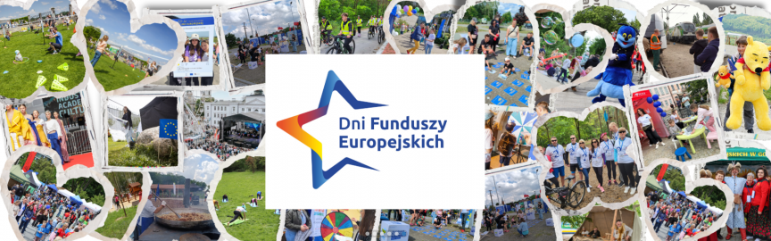 Grafika przedstawiająca Dni Funduszy Europejskich. Na środku logo dni. Kolaż zdjęć z poprzednich edycji. Ludzie, budynki