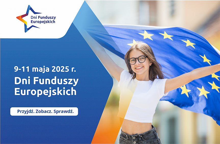 Baner lokomotyw dni funduszy europejskich. Lewy górny róg logo dni funduszy: gwiazda kolorowa. Dziewczynka trzymająca nad głową flagę unii europejskiej