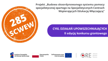 Baner informujący o cyklu działań upowszechniających II edycję konkursu grantowego. Biały prostokąt, w lewej części pomarańczowe koło z nazwą projektu, na dole logotypy