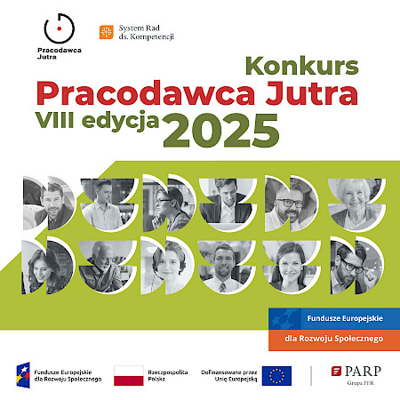 Grafika przedstawiająca konkurs Pracodawca Jutra VIII edycja 2025. Postacie ludzi, kobiety imężczyźni