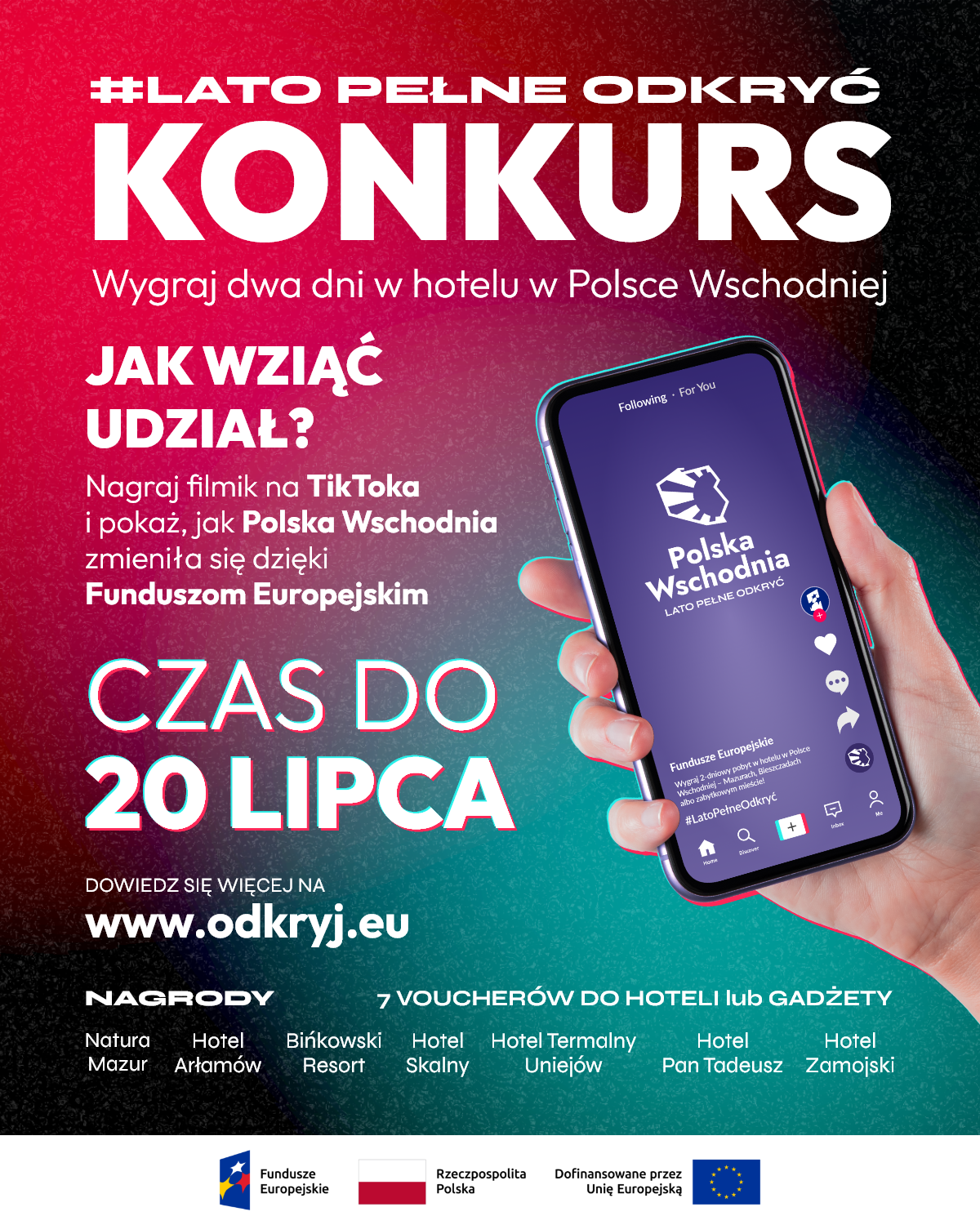 Grafika informująca o konkursie. Zielono turkusowy kolor. Dłoń trzymająca telefon. 