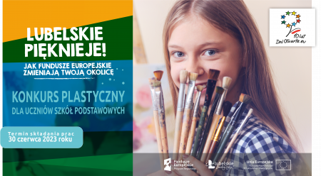 Plakat czwartej edycji konkursu plastycznego. Na grafice dziewczynka trzymająca w ręku pędzle. Obok niej informacja o konkursie plastycznym.