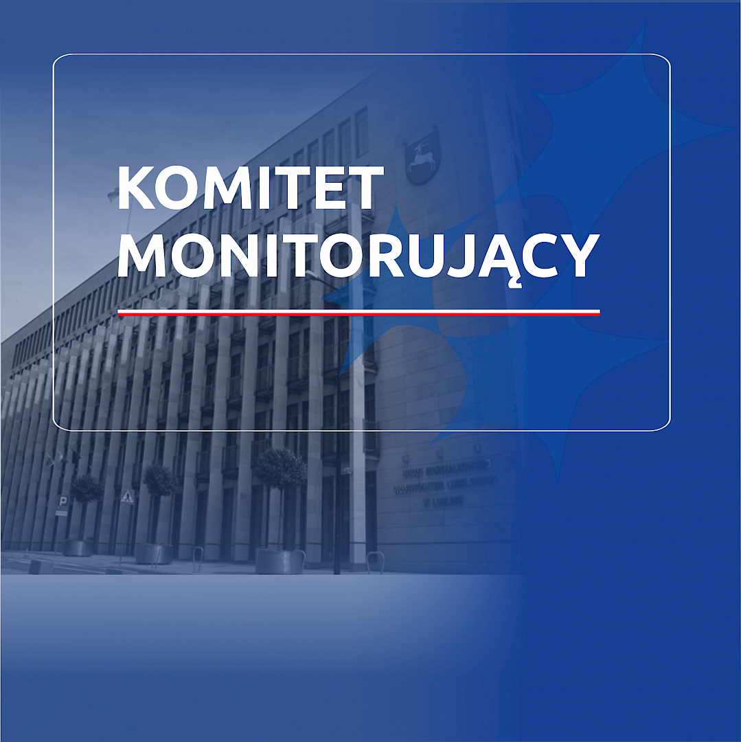 Grafika przedstawia biały napis komitet monitorujący na niebieskim tle.