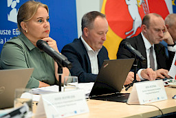 Ujęcie z bliska na Dyrektor Departamentu Zarządzania Programami Regionalnymi Annę Brzyską oraz dwóch mężczyzn siedzących obok niej.