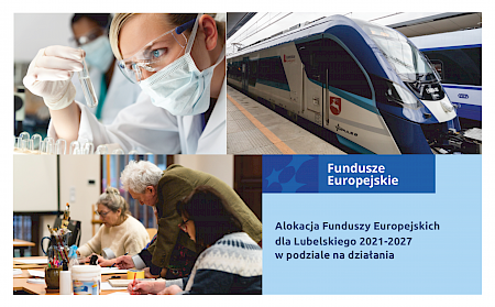 W lewym górnym rogu grafiki znajduje się kobieta w laboratorium, ma okulary i białą maskę na twarzy, przygląda się fiolce z płynem, obok zdjęcie z pociągiem, w dolnym lewym rogu zdjęcie seniorów wykonujących prace plastyczne. Obok napis dotyczący alokacji.