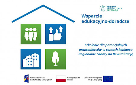 Grafika promująca szkolenie dla potencjalnych grantobiorców programu Regionalne Granty na Rewitalizację z ikonami ludzi, budynków i drzewa oraz logotypami programu i funduszy UE.