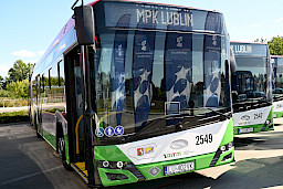 Ujęcie przodu autobusu. Na górze szyby wyświetla się napis MPK Lublin. Autobus jest w kolorach zielono, biało, czarnych. Obok niego w widoczne są jeszcze dwa autobusy ustawione obok siebie.
